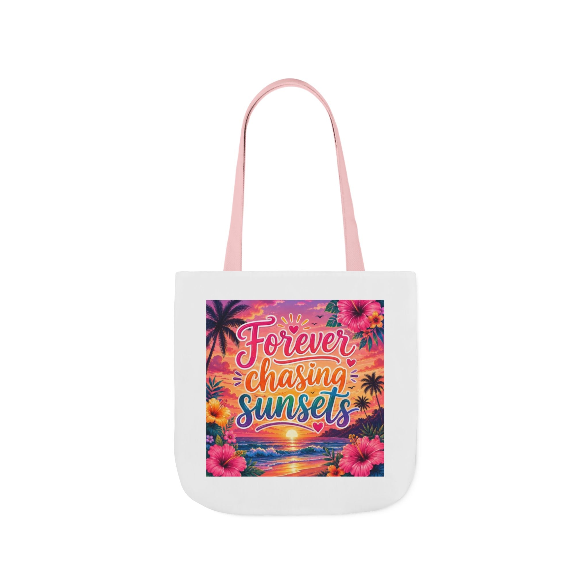 Forever Chasing Sunsets Canvas Tote — Beach Sunset Tote Bag with Colorful Straps