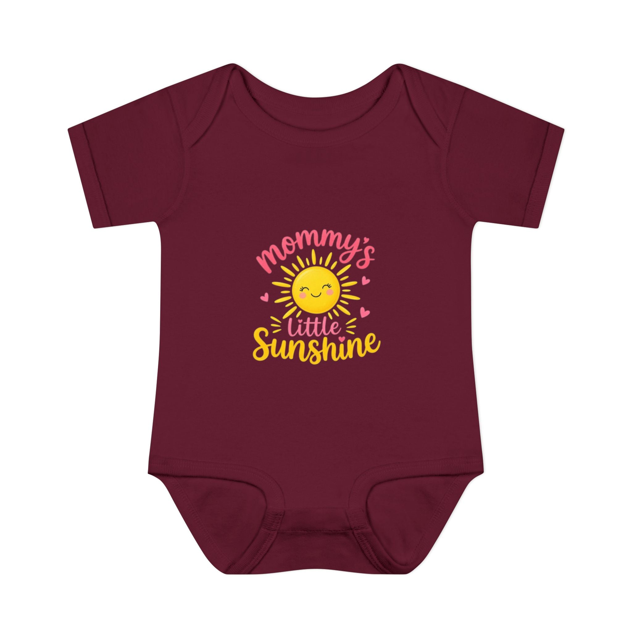 mommy's little sunshine bodysuit featuring a cheerful sun design on a maroon background.