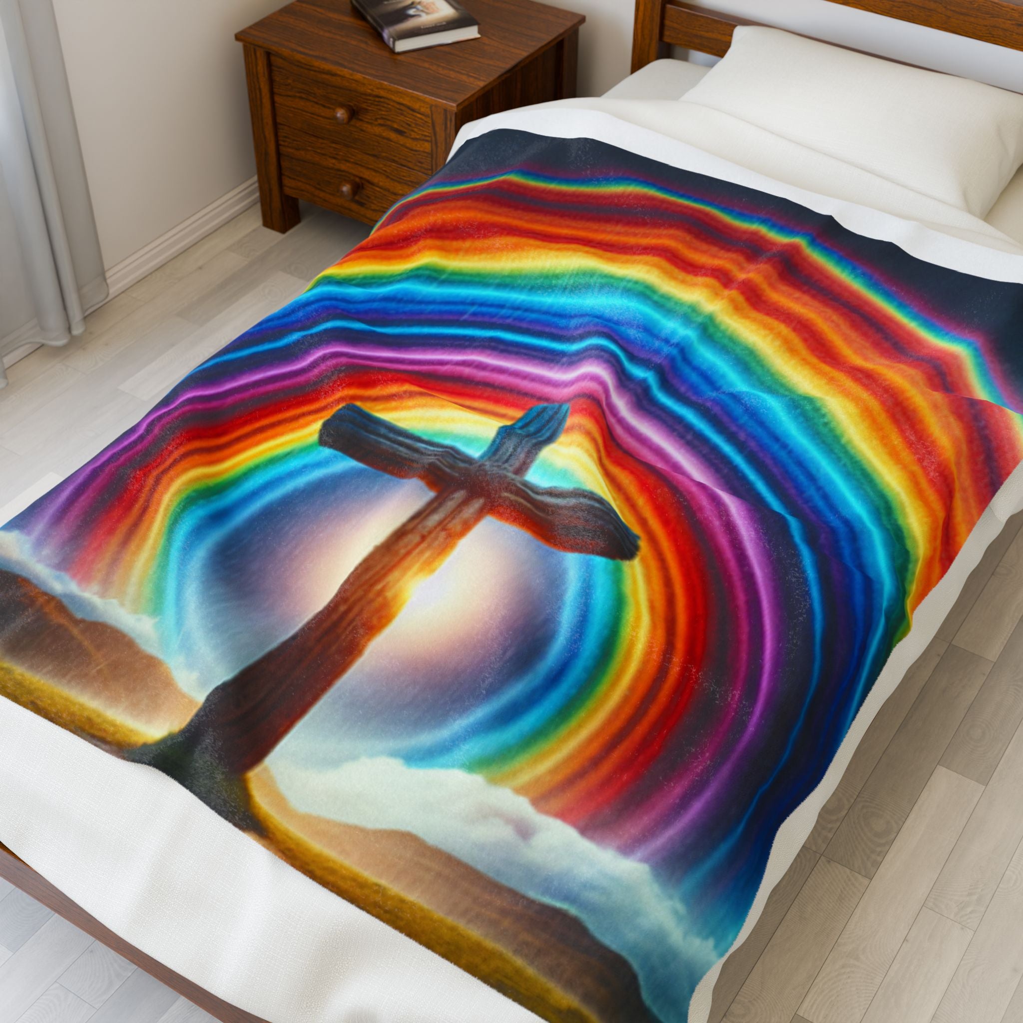 Rainbow Cross Velveteen Blanket, Colorful Throw, Faith Blanket