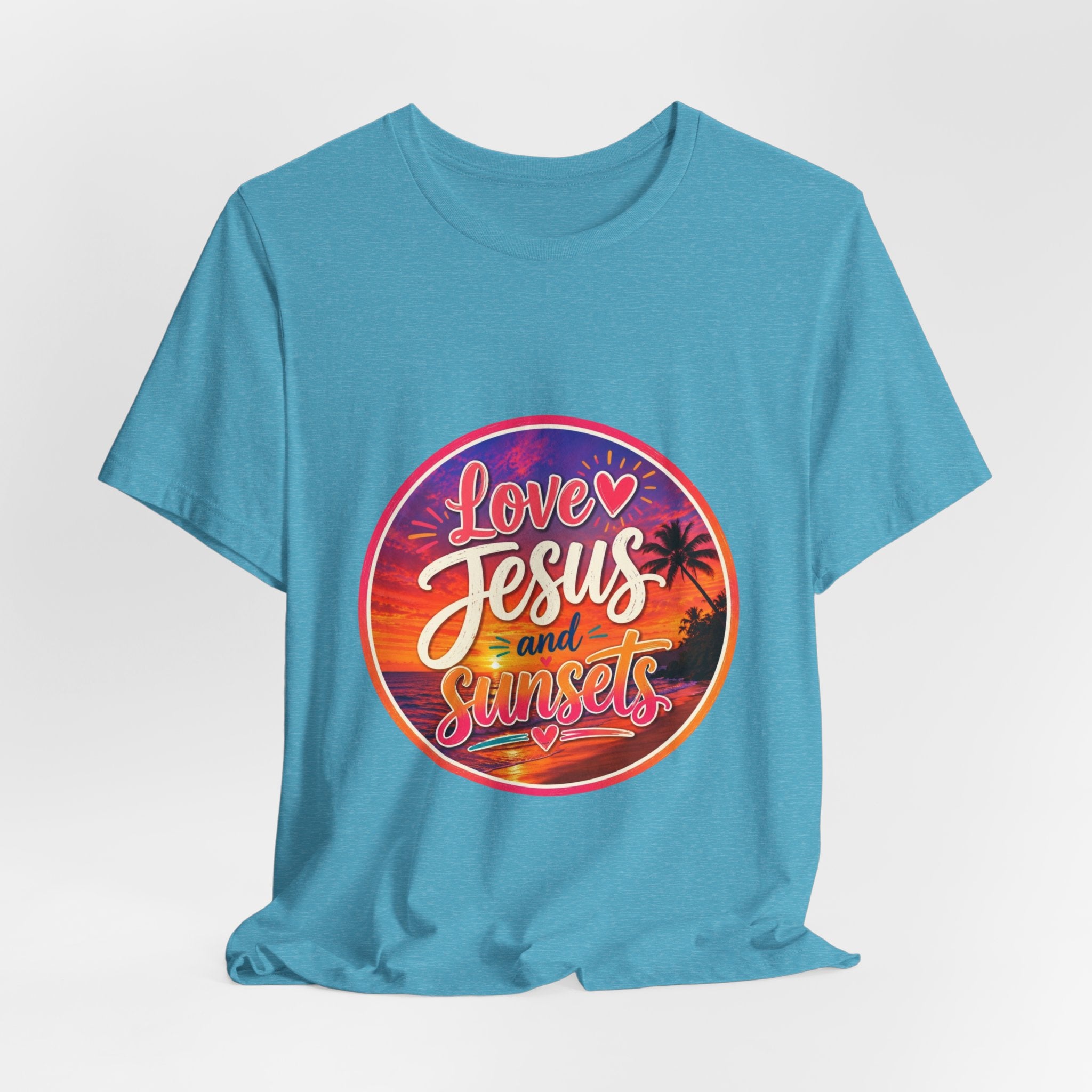 Christian Faith Palm Tree Sunset T-Shirt featuring a vibrant circular print that says 'Love Jesus and Sunsets'.