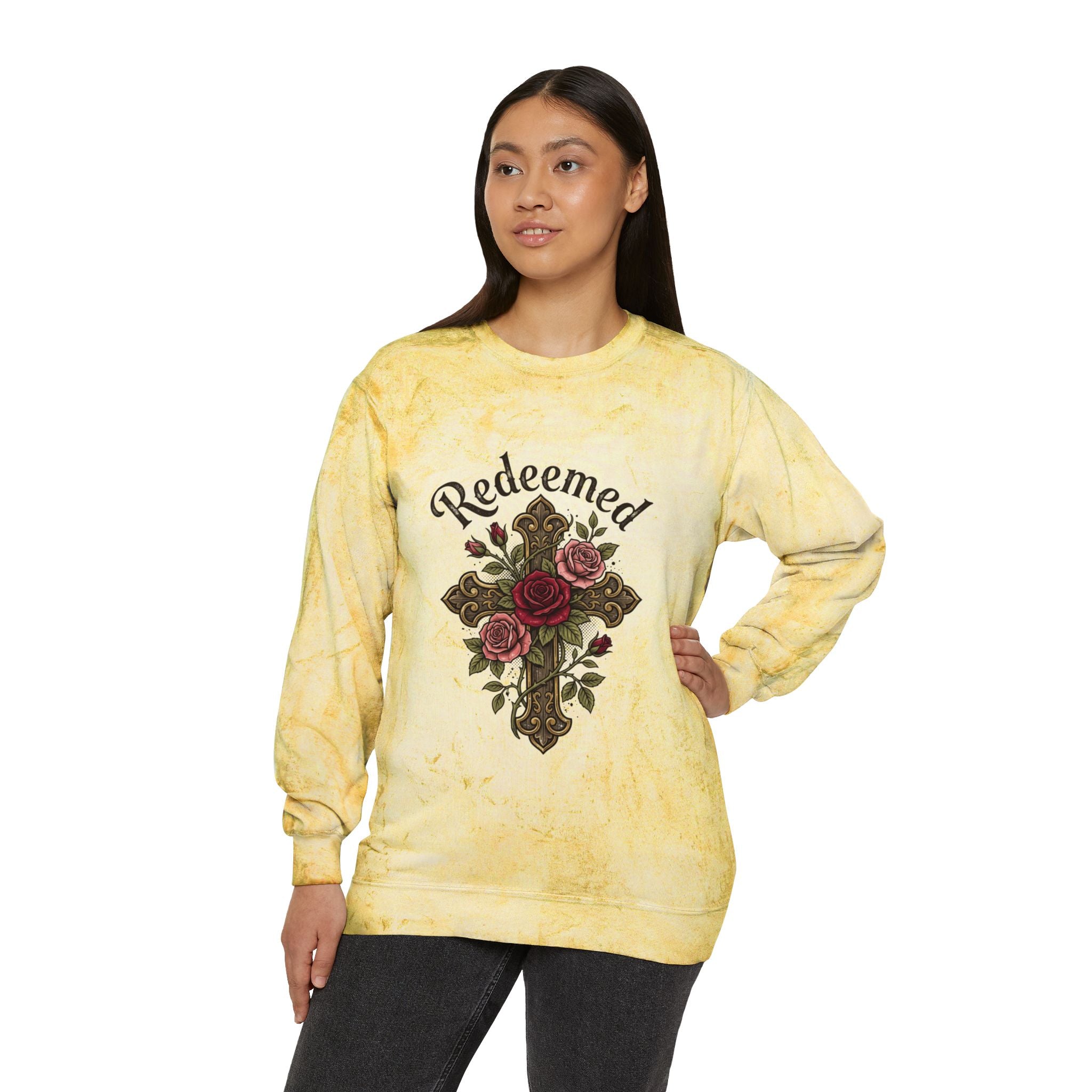 Christian sweatshirt featuring a hand-drawn cross with roses and the word 'Redeemed' on a vintage-style yellow Tie-Dye  Pi crewneck.