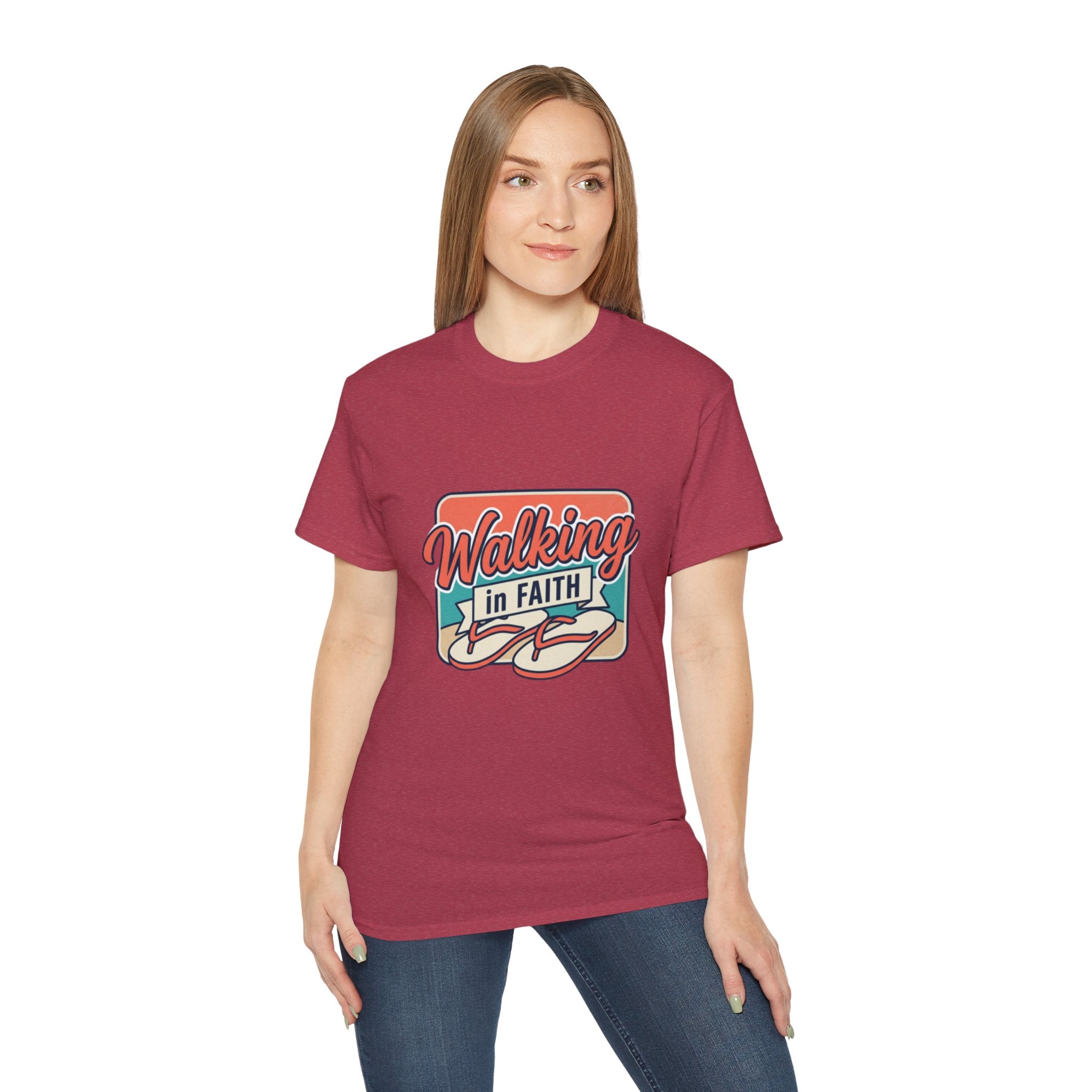 Walking in Faith Beach T-Shirt featuring a stylish design and comfortable fit, perfect for believers who love coastal vibes.