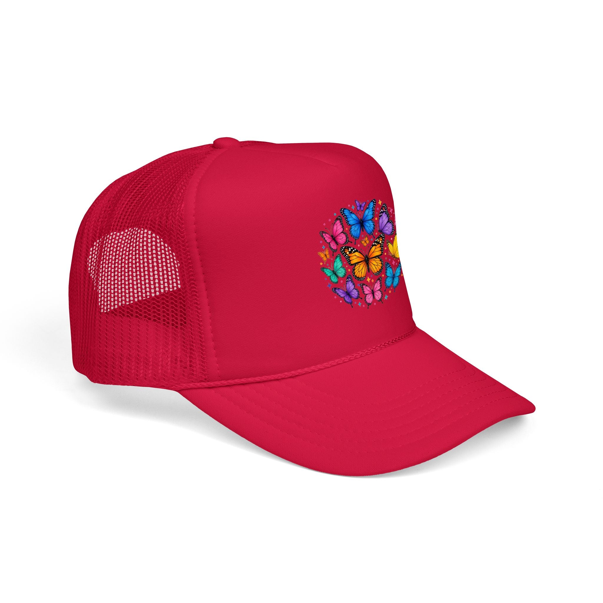 Butterfly Circle Trucker Hat featuring colorful butterfly design on a red foam cap.