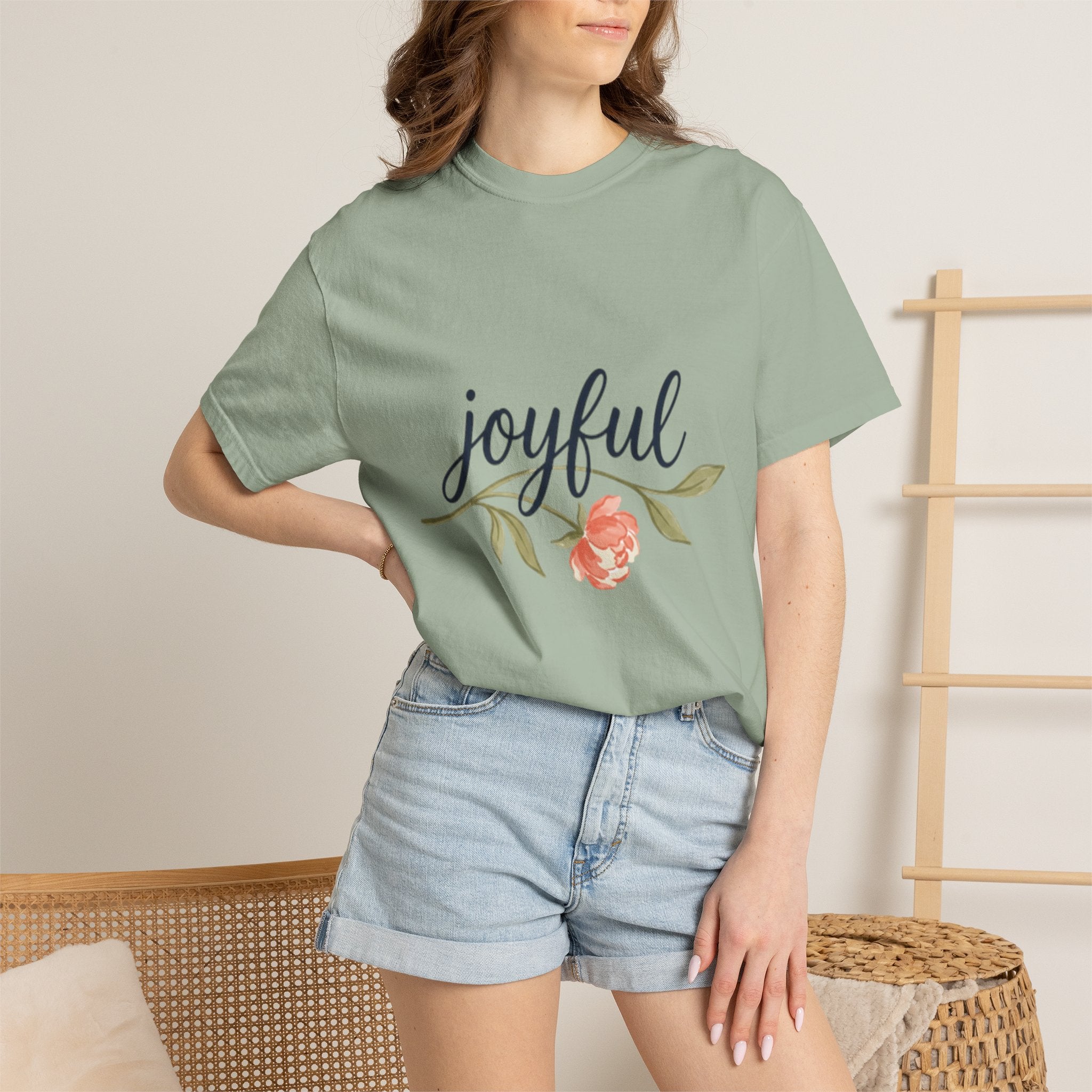 Joyful Flower T-Shirt for Women in mint green with floral design, showcasing a comfortable and stylish fit.