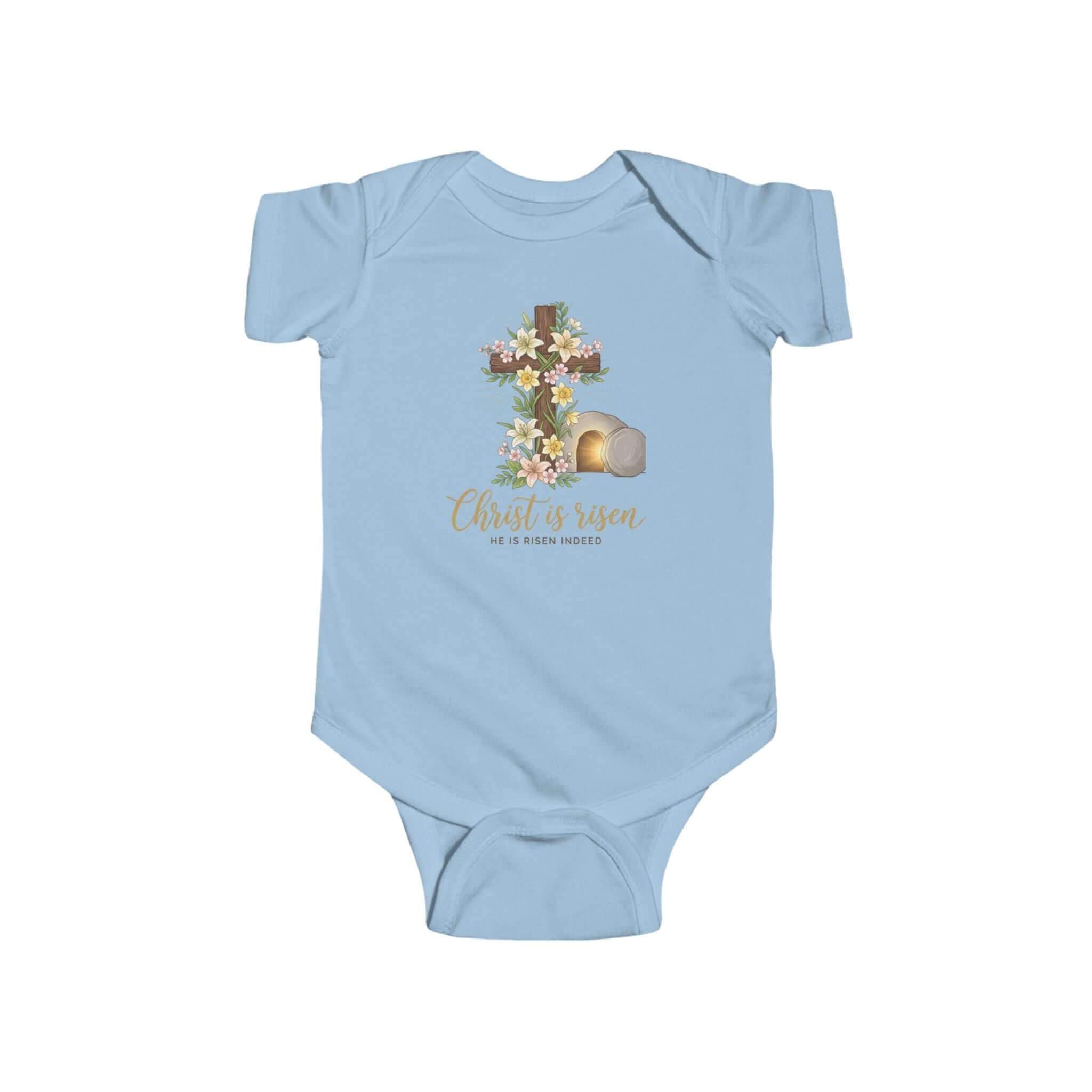 Infant apparel  Slate Blue  a floral Easter design with a cross and the text 'Christ is risen' on a baby onesie.