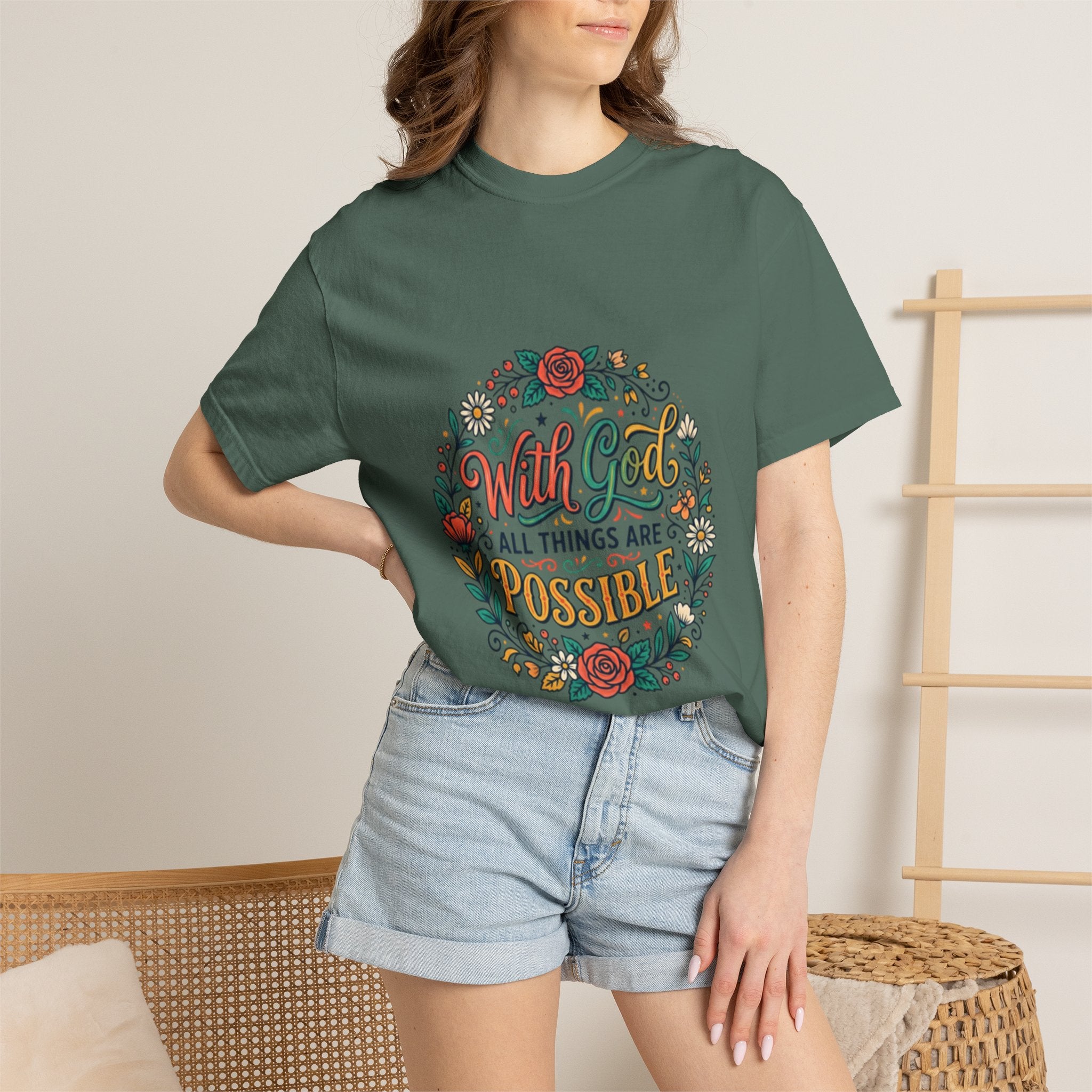 T-Shirt — "With God All Things Are Possible" Floral Faith Tee