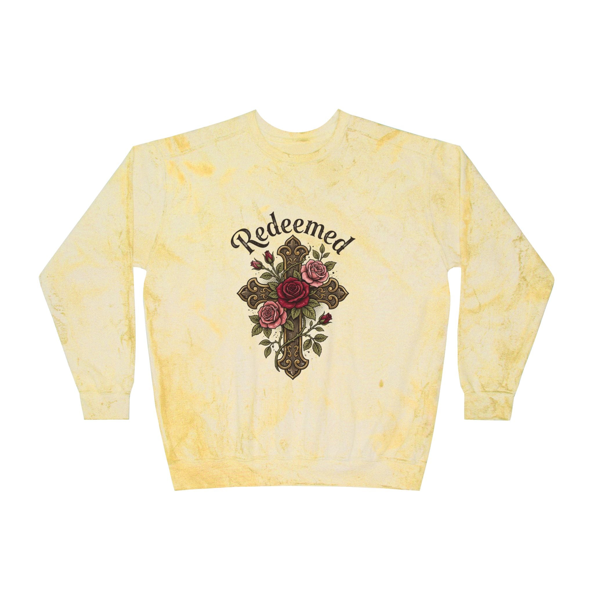 Christian sweatshirt featuring a hand-drawn cross with roses and the word 'Redeemed' on a vintage-style Yellow Tie-Dye crewneck.