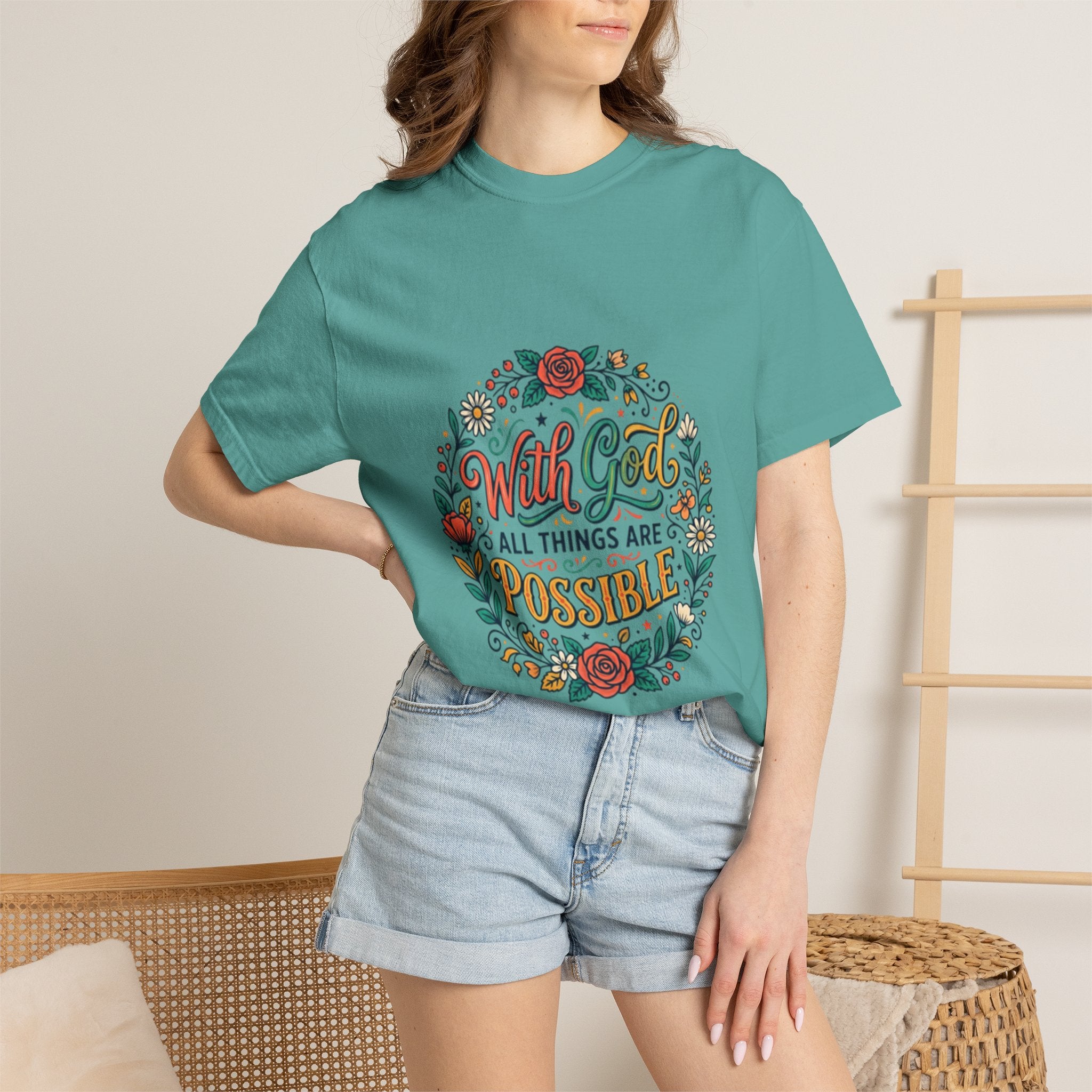 T-Shirt — "With God All Things Are Possible" Floral Faith Tee