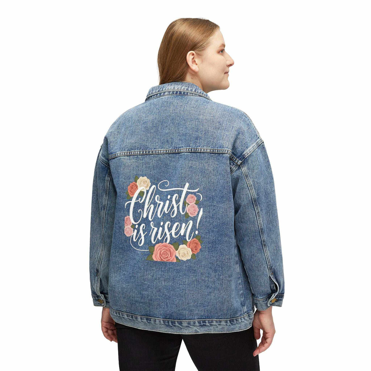 Women’s denim jacket with Christ Is Risen message for Easter