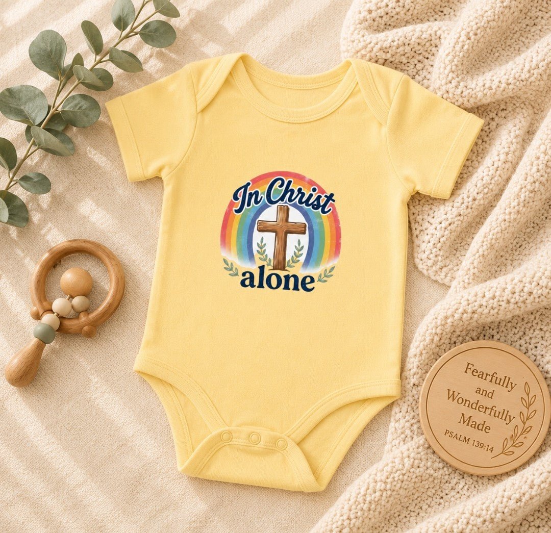 Infant bodysuit with In Christ Alone cross rainbow Christian design