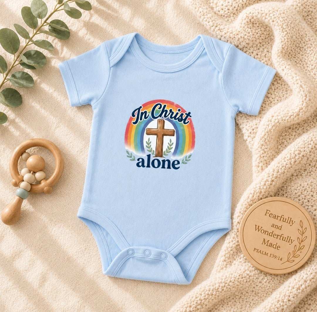 Infant bodysuit with In Christ Alone cross rainbow design