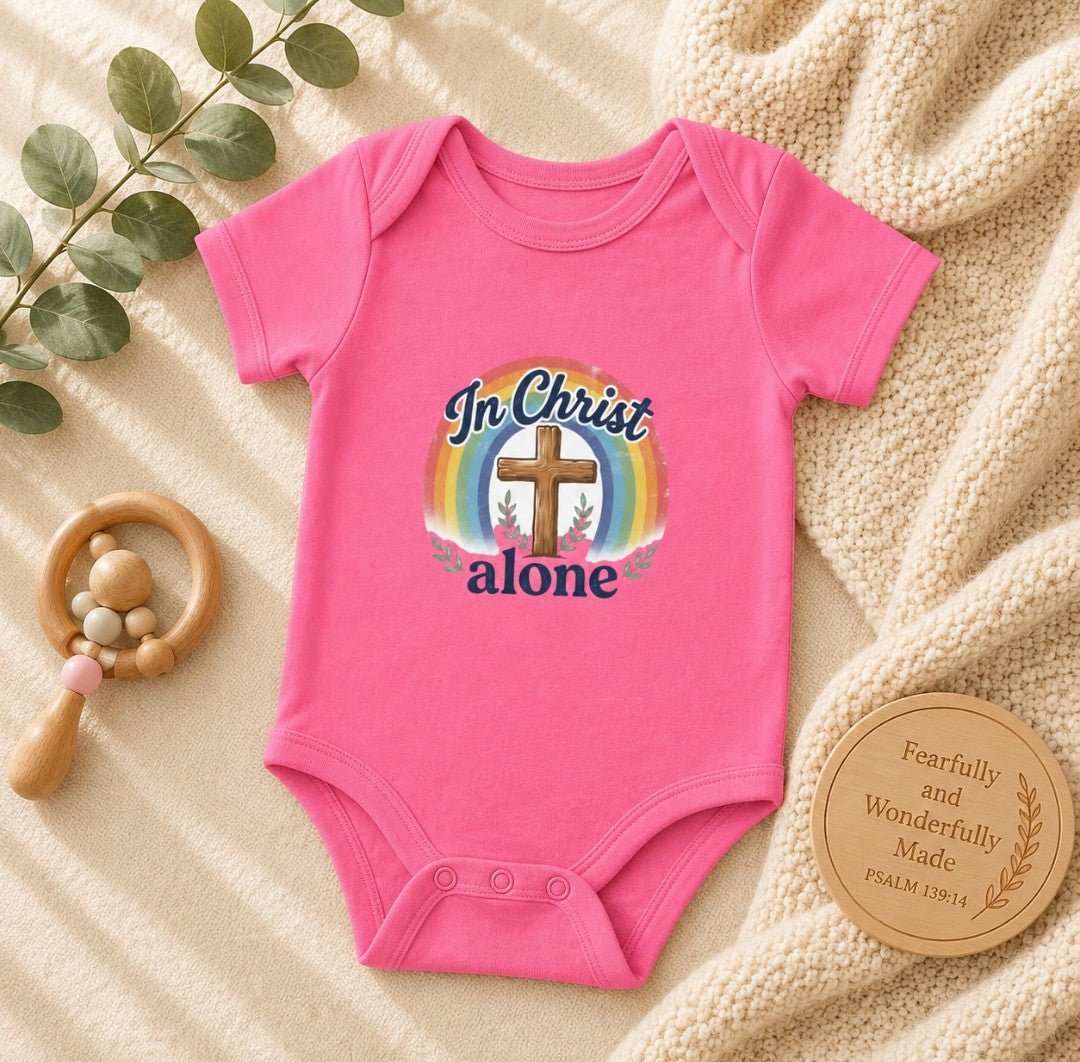 Infant bodysuit with In Christ Alone cross rainbow design