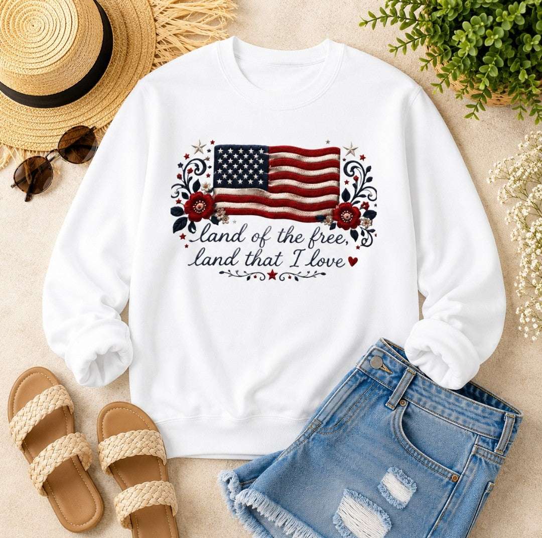 Patriotic Crewneck Sweatshirt — "Land of the Free, Land That I Love" Flag Design - faithcovenant